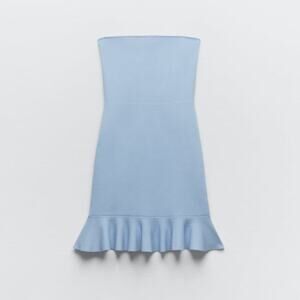ZARA Baby Blue Strapless Bandage Knit Mini Dress | Ruffled Tube Dress – Size L